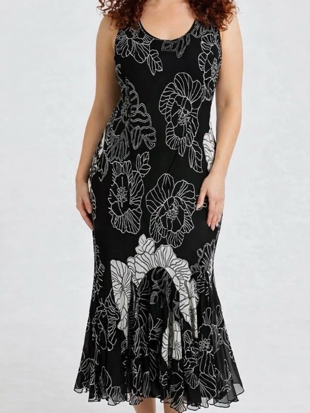 Eva Blue 18W Black White Floral Maxi Dress Sleeveless Beaded Hem Flowy Fairy - Picture 1 of 8